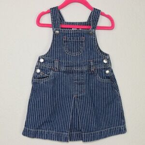 Sprockets Girl 24M Denim Pinstripe Overall Dress Blue Red Bow 100% Cotton Pocket
